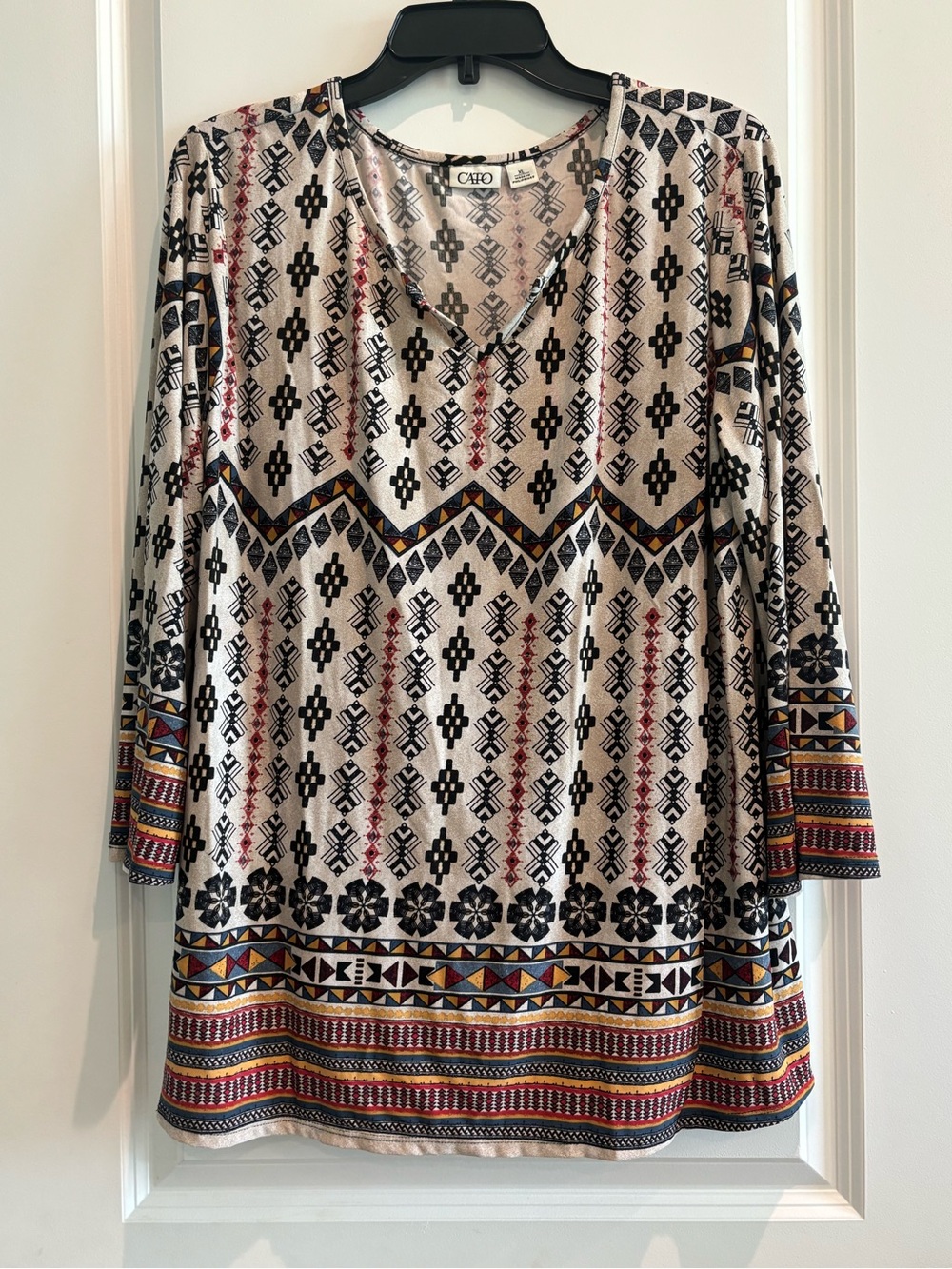 Cato XL Boho Tribal Print Tunic Top 3/4 Sleeve V-Neck NWOT